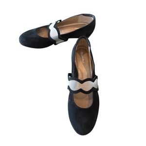 BeautiFeel Mary Jane Ballet Flats IScalloped Mesh Strap 7.5 Black Suede Retro